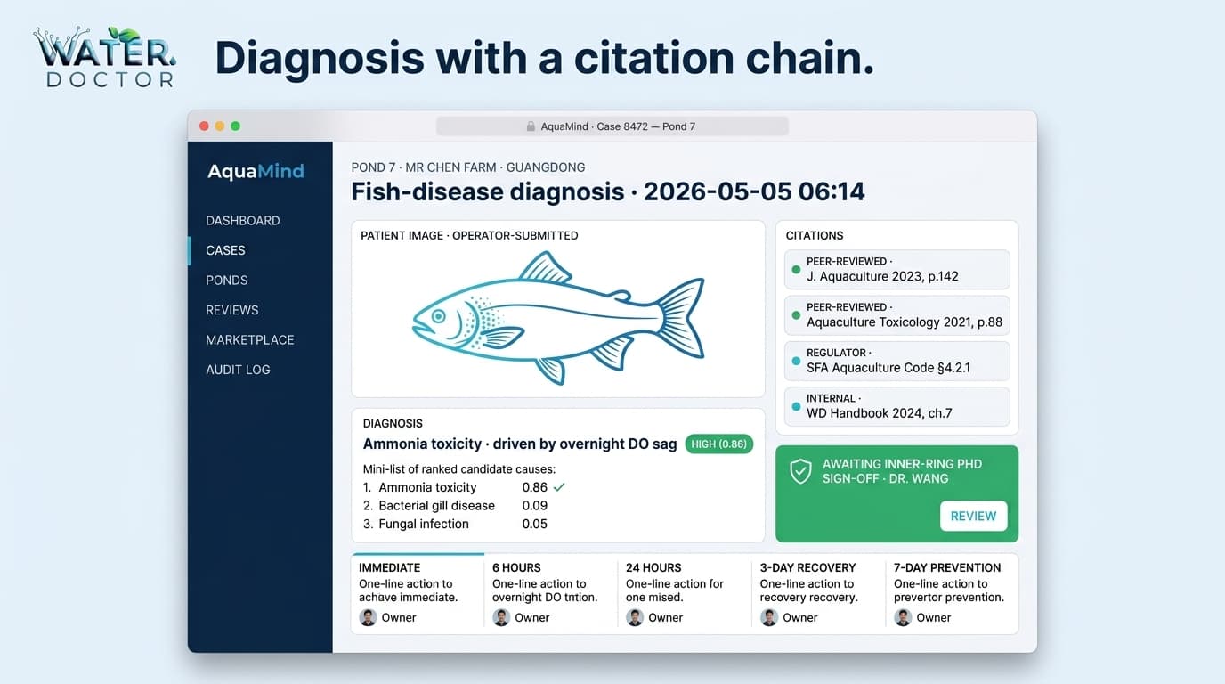 AquaMind desktop case view — fish-disease diagnosis with ranked causes and citations