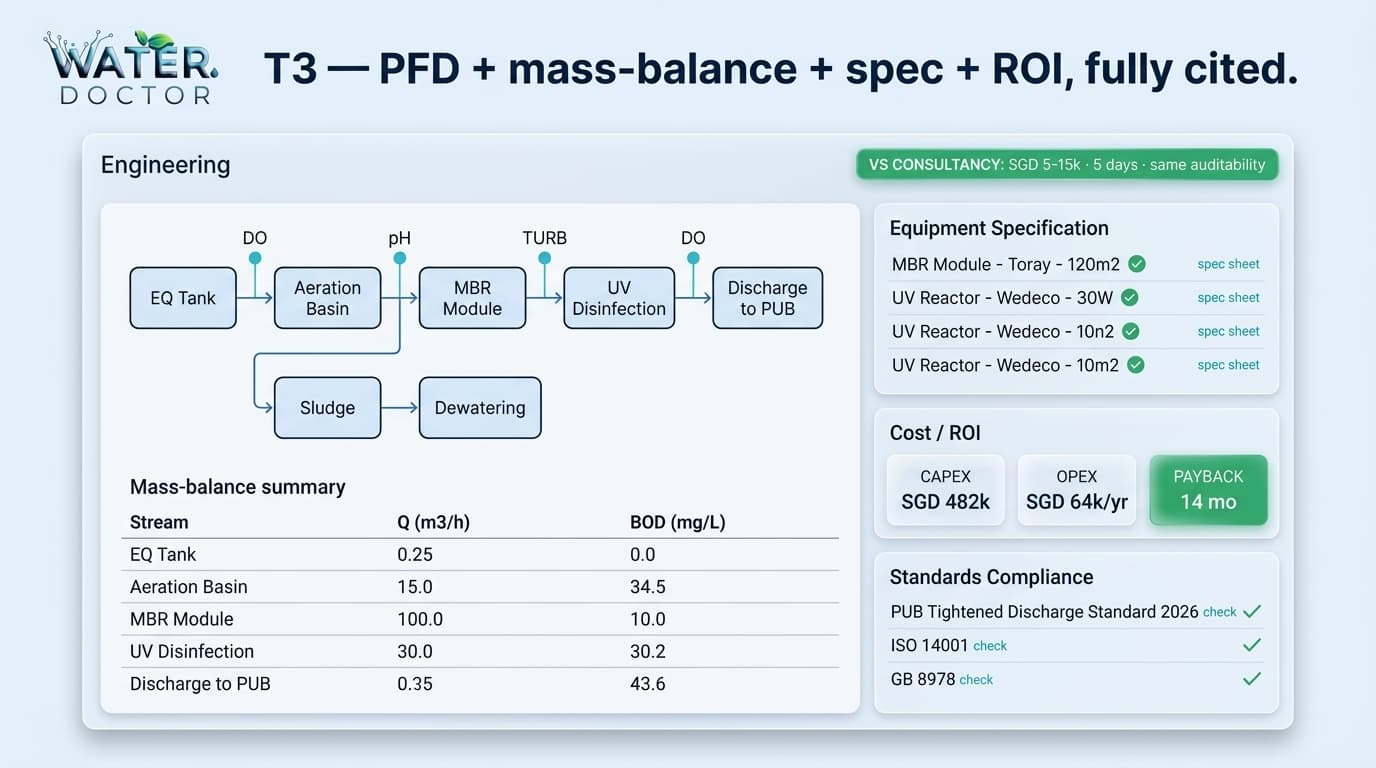 AquaMind T3 deliverable — PFD, mass-balance, equipment spec, ROI, and standards compliance
