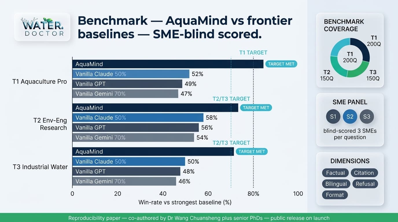 AquaMind vs frontier baselines — SME-blind scored benchmark across T1, T2, T3 tracks