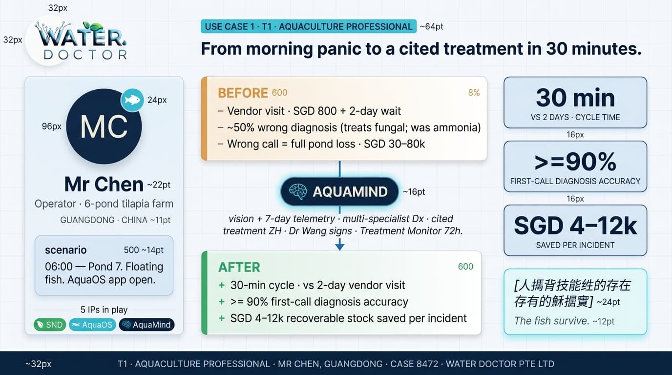 Use case 1 — Mr Chen, T1 Aquaculture Professional, 30-minute cited treatment cycle