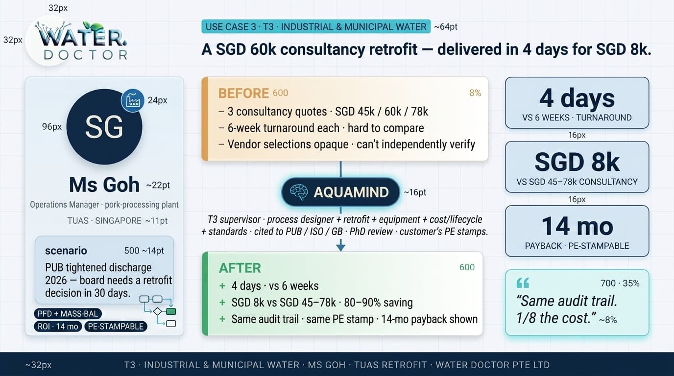 Use case 3 — Ms Goh, T3 Industrial & Municipal Water, 4-day PFD + ROI deliverable